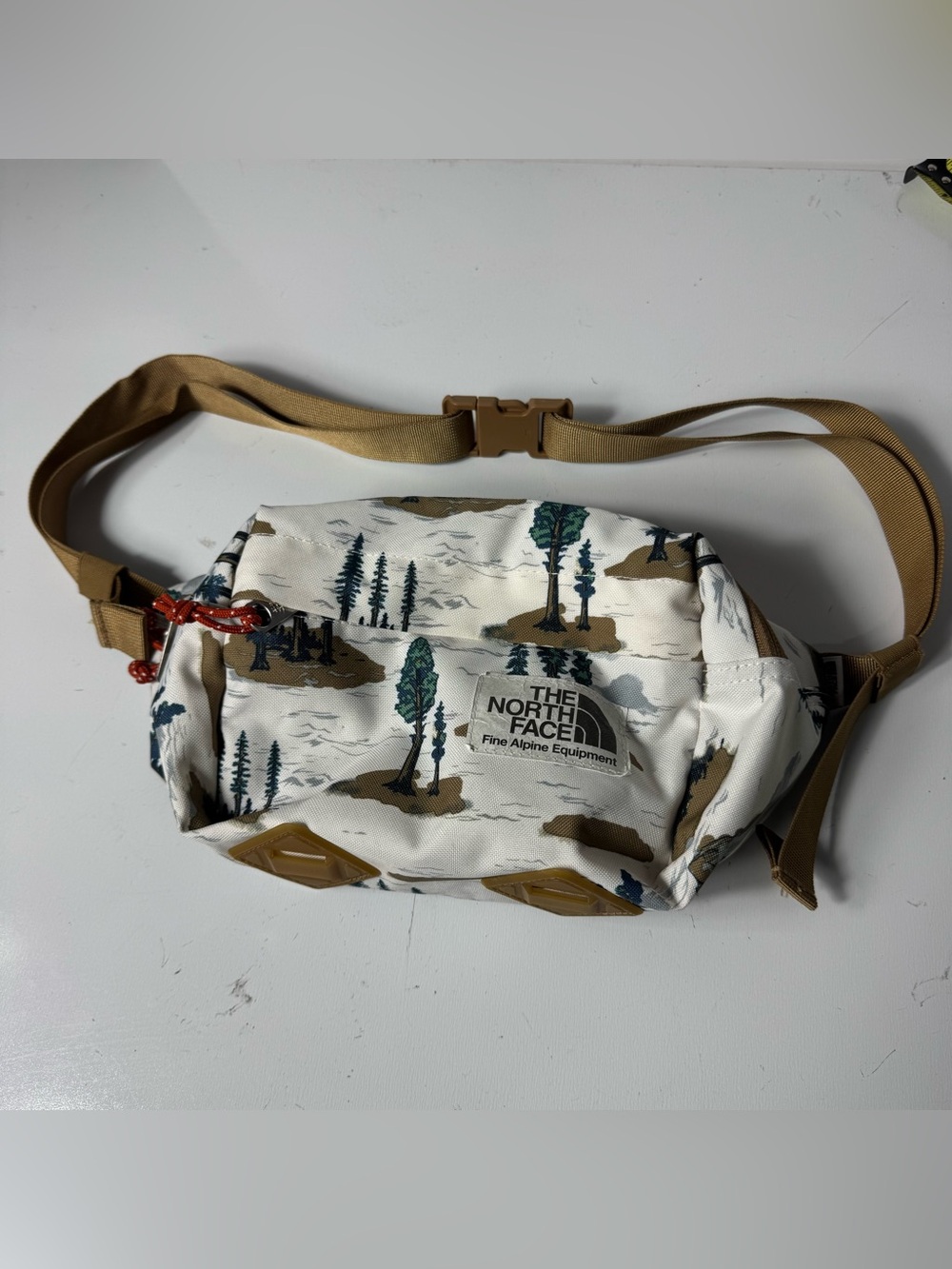 The North Face White Tree Print Belt Bag with Tan Straps